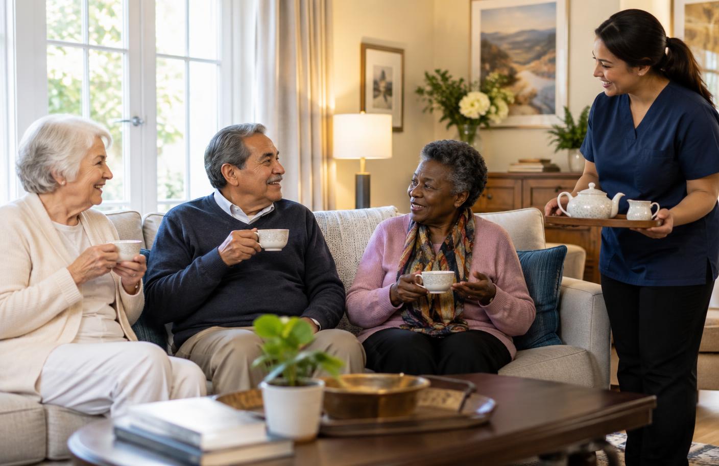 Diverse senior residents enjoying tea in a bright home living room